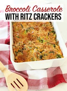 broccoli casserole with ritz crackers in a white dish