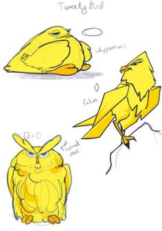 three different types of yellow birds sitting next to each other