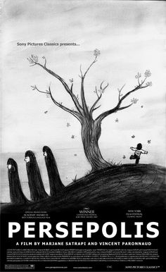 a movie poster for persepolis with three people standing in front of a tree