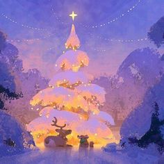 a painting of a christmas tree in the middle of a snowy landscape with lights on it