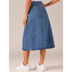 The basic design creates a casual yet stylish look, a must-have in any woman's wardrobe. This jean skirt features a classic denim fabric with a drape. The flap pockets add a trendy and functional element to the skirt, providing extra storage space. Pair it with a fitted blouse and heels for a chic and sophisticated look, or go for a more casual vibe by pairing them with a graphic tee. Casual Knee-length Denim Skirt, Non-stretch Casual Denim Skirt, Solid Non-stretch Casual Denim Skirt, Casual Non-stretch Solid Denim Skirt, Casual Non-stretch Denim Skirt, Solid Denim Skirt With Pockets, High-waisted Denim Skirt, Solid High-waist Denim Skirt, High Waist Solid Denim Skirt