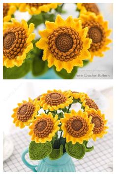 crocheted sunflowers in a blue vase with green leaves on the top and bottom