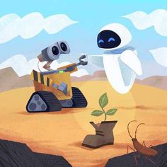 an image of a robot that is in the dirt with a plant growing out of it