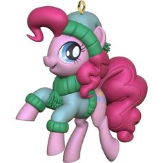 a pink pony with green and blue hair is holding onto another pony's tail