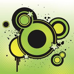 an abstract green and black background with circles, stars and bubbles on it's side