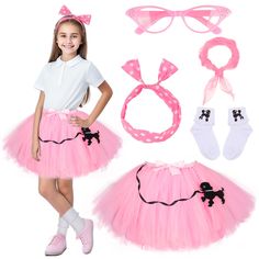 PRICES MAY VARY. Kids 50s Costumes Set: Total 5pcs retro 1950s accessories including 1 poodle skirt, 1 pair of bobby socks, 1 pair of cat eye glasses, 1 chiffon scarf and 1 bandana tie headband, to dress up your little girl in a classic 50s look! Poodle Tutu Skirt: Girls 50s skirt is handmade, features strips tulle and poodle applique, with elastic lace waistband and adjustable ribbon for a nice fit, suits for most 4-12 years girls Cute Bobby Socks: Poodle socks are made of cotton blend fabric, 1950s Day At School, Kids 50s Costume, Kids Poodle Skirt, Poodle Skirt 50s, 50s Costumes, Poodle Embroidery, Girls Poodle Skirt, Sock Hop Costumes, 50s Accessories