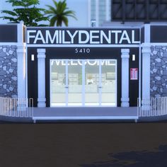 the front entrance to a family dental building with palm trees in the backgroud