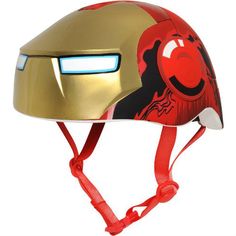 the helmet is designed to look like an iron man with red and gold paint on it