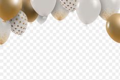 gold and white balloons with confetti on the bottom, transparent background png