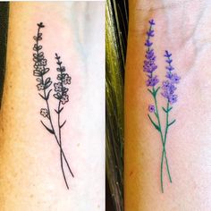 two tattoos with flowers on their arms and the same one has purple flowers in it