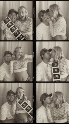 black and white pictures of a man kissing a woman's face while she holds a photo album