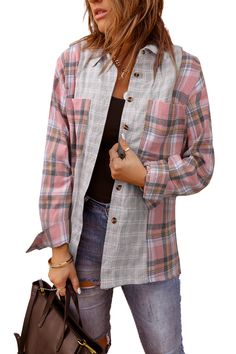 Pink Plaid Color Block Pocket Button-up Long Sleeve Shirt Magic Clothes, Color Block Blouse, Plaid Sleeve, Popular Shirt, Pink Style, Plaid Fashion, Pink Plaid, Green Plaid, Blue Plaid