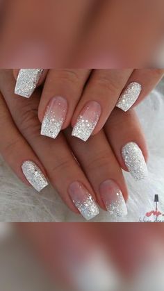 Wedding Nails Glitter, Fancy Nails Designs, Glitter Gel Nails, Bride Nails, Nail Designs Glitter, Silver Nails, Bridal Nails, Homecoming Nails, Elegant Nails