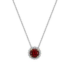 Sterling Silver Garnet and Created White Sapphire Halo Necklace  Adorn your neckline with the luxe look of this genuine gemstone necklace. Strung on a diamond-cut, cable chain, this classic drop design features a rich, red garnet surrounded with a sparkling halo of created white sapphires.        Necklace approx. 18"L      Drop approx. 11.9mm x 11.9mm     Stamped .925; rhodium plating; 18K yellow gold accents on prongs     Two-tone polished finish     Diamond-cut cable chain; lobster claw clasp   Stone Information       All sizes and weights approximate     Garnet - Faceted round; 2.17ct     Created White Sapphire - Faceted round; 16pc; 0.15cts Classic Gemstone Accented Necklaces For Anniversary, Classic Gemstone Accents Necklaces For Anniversary, Elegant Birthstone Necklace With Round Pendant On Cable Chain, Classic Necklaces With Gemstone Accents For Anniversary, Formal Necklace With Round Gemstone Pendant, Formal Necklace With Round Pendant Gemstone Accents, Formal Necklace With Gemstone Accents And Round Pendant, Formal Necklace With Gemstone Accents, Elegant Round Birthstone Necklace With Cable Chain