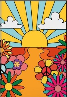 a stained glass window with flowers and the sun in the background