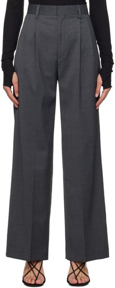 Wide-leg stretch polyester- and mulesing-free wool-blend broadcloth trousers. · High-rise · Belt loops · Pleats at waistband · Four pocket styling · Zip-fly · Extended cuffs Supplier color: Dark gray melange Womens Grey Dress Pants, Gray Trousers Outfit, Trouser Outfit, Seasonal Color Analysis, Wardrobe Planning, Grey Trousers, Grey Dress Pants, Trouser Style, Womens Dress Pants