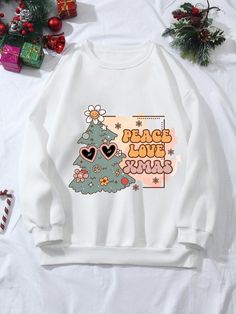 Introducing the Cozy Christmas Delight sweatshirt, featuring a festive Christmas tree pattern that will keep you comfortable and warm all season long. With its thermal lining, you can enjoy the holidays in cozy style. Order now and get ready to celebrate in comfort. Casual Christmas Sweatshirt With Letter Print, Casual Holiday Sweatshirt With Graphic Print, Casual Graphic Print Sweatshirt For Holiday, Casual Graphic Print Holiday Sweatshirt, White Long Sleeve Holiday Sweatshirt, Casual Long Sleeve Holiday Sweatshirt, White Christmas Sweater With Graphic Print, White Christmas Graphic Print Sweater, Casual White Christmas Sweater