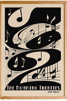 a black and white poster with musical notes on it's sides, including the words roaring twenties