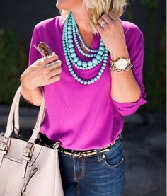 Statement Necklace Outfit, Cheers To Friday, Turquoise Clothes, Bright Colored Outfits, Hi Sugarplum, Color Outfits, Look Rose, Casual Work Outfits, Fashion Over 50