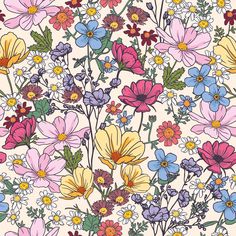 an image of a flower pattern on a white background with many different colors and sizes