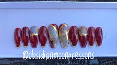 A red and burgundy press on nail set with gold and marble accents!  Don't see your size on our chart? Just send us a dm with your size for a custom order, or select a size and leave your sizes in the notes for no extra fee! Burgundy Nail Art, Mars Red, Luminous Nails, Acrylic Press On Nails, Burgundy Nails, Nail Art Supplies, Nail Shop, Nail Shapes, Super Sweet