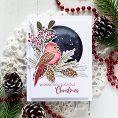 a christmas card with pine cones, berries and an owl sitting on top of it