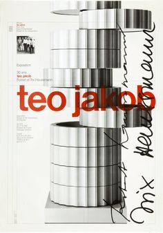 an advertisement for teo jakoos with black and white lines on the side