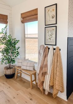 towels are hanging on the wall next to a bench with a potted plant in it