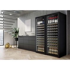 a large wine cooler in the middle of a room