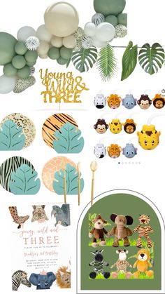 an animal themed party with balloons, jungle animals and palm leaves on the top of it