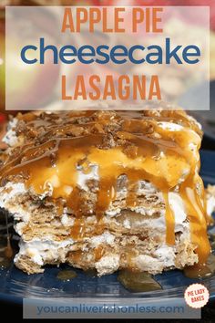 an apple pie cheesecake lasagna on a blue plate