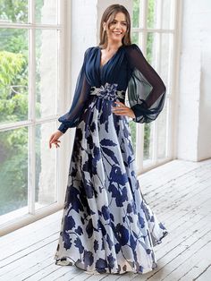 A Line/Princess V-Neck Long Sleeves Floor Length Floral Mother of the Bride Dresses With Flower Wedding Outfits For Women, Mother Of The Bride Dresses Long, Mother Of Bride Outfits, Flower Sleeve, Bride Outfits, Mother Of Groom Dresses, Chiffon Dress Long, Summer Wedding Outfits, Mob Dresses