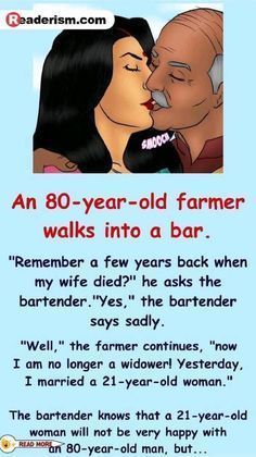 an 80 - year - old farmer walks into a bar, and tells her husband how to kiss her