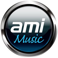 an image of the word music on a blue and silver button with white letters in it