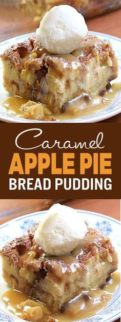 caramel apple pie bread pudding on a plate