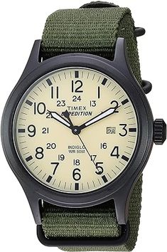 Timex Men's Expedition Scout 40mm Watch – Black Case & Dial with Olive Leather Slip-Thru Strap Timex Expedition, Omega Speedmaster Moonwatch, Field Watches, Davy Jones, Watch Dial, Black Case