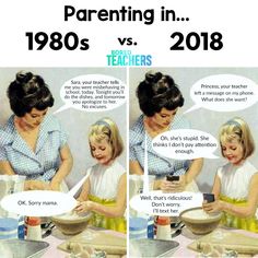 two pictures of a woman cooking in the kitchen with words above her that say, parenting in 1960 and teacher's