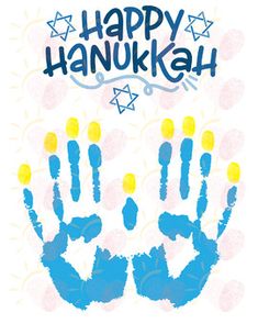 a happy hanukkah card with two hand prints