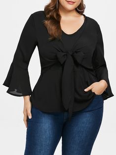 Plus Size Self Tie Back Keyhole Blouse - Black - 3U87588913 - Women's Clothing, Plus Size Women's Clothing  #PlusSizeWomensClothing #Women's #Clothing # #Plus #Size #Women's #Clothing Blouse Size Chart, Plus Size Crop Tops, Cheap Cocktail Dresses, Shirt Collar Styles, Classy Casual, Trendy Plus Size Clothing, Fashion Dresses Casual, Plus Size Womens Clothing, Blouse Online