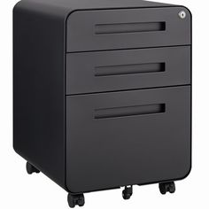 a black filing cabinet with three drawers on wheels