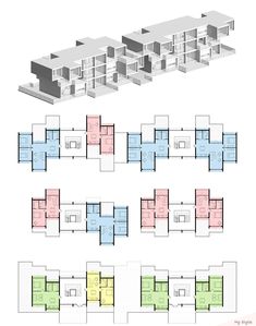 the floor plan for an apartment building with multiple levels and different rooms, all in various colors