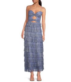 Gianni Bini Grace Metallic Plisse Sweetheart Neck Cut-Out Tiered Dress | Dillard's Metallic Ruched Dress For Spring, Spring Metallic Ruched Dress, Prom Dress Inspo, Formal Wedding Guest Dress, Purple Maxi Dress, Contemporary Dresses, Formal Dresses Gowns, Prom Dress Inspiration, Metallic Dress