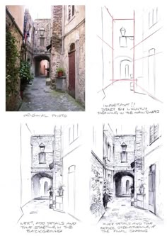 three different views of an alleyway in the old town, one is drawn with pen and ink