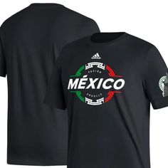 Adidas Mexico National Team Black El Tri T-Shirt Black T-shirt With Team Logo For Fans, Black Crew Neck Top With Team Logo, Black Graphic Tee With Team Logo, Black Cotton T-shirt With Team Logo, Black Fan Apparel T-shirt With Team Name, Black Tops With Team Logo Fan Apparel, Black Fan Apparel Tops With Team Logo, Black Graphic Tee With Team Name, Black Fan Apparel T-shirt With Logo Print