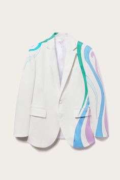 A characteristically joyful take on tailoring, this blazer is punctuated with a scaled-up version of the Marmo print in uplifting hues. Classic elements remain: it's cut to a single-breasted silhouette with notch lapels and flap side pockets. White, cornflower blue, lilac, dark green Notch lapels Long sleeves with button cuffs Welt chest pocket Flap side pockets Single vent Single-breasted button fastening 97% cotton, 3% elastane; lining: 67% acetate, 33% polyester Dry clean only Style ID: 4HRB754H829P40 Model is 179cm and wears IT size 38 Made from a midweight, stretch fabric Cool Blazers, White Cornflower, Blue Lilac, High Fashion Outfits, Breasted Blazer, Cornflower Blue, Chest Pocket, Single Breasted, Dark Green