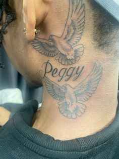 a man with a tattoo on his neck and the word peggy written in large letters