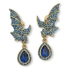 Heidi Daus "Night Flyers" Crystal Drop Earrings Creatures of the night never looked so sparkly as in these Halloween-inspired crystal drop earrings. The whimsical, winged bat design is embellished with dark blue crystals for an eerie, elegant accent you can wear throughout the spooky season and beyond!       Approx. 2-1/2"L x 1-1/8"W     Bronzetone; textured finish     Clip-on or pierced with Omega backs     Earrings have pear-shaped, dark blue glass stone drops      Drops attached to winged, ba Dark Blue Crystals, Dark Blue Jewelry, Bat Design, Heidi Daus, Creatures Of The Night, Vintage Style Jewellery, Wedding Watch, Blue Jewelry, Crystal Drop Earrings