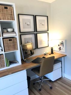 a home office with wicker baskets on the wall