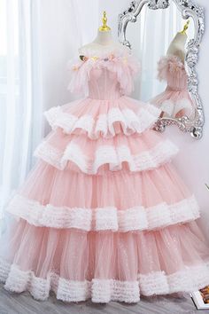 10% off now! Shop pink and white princess ball gown formal prom dress with ruffles online. Sheprom offers formal, party, casual & more style dresses to fit your special occasions. Pink Sweet 16 Dresses, Pink Sweet 16 Dress, Pink Long Prom Dresses, Sparkly Ball Gown, Debut Dresses, Pink Sweet 16, Gown Pink, Fancy Fabric, Shopping Link