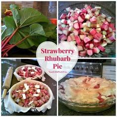 several pictures of food including rhubarb pie